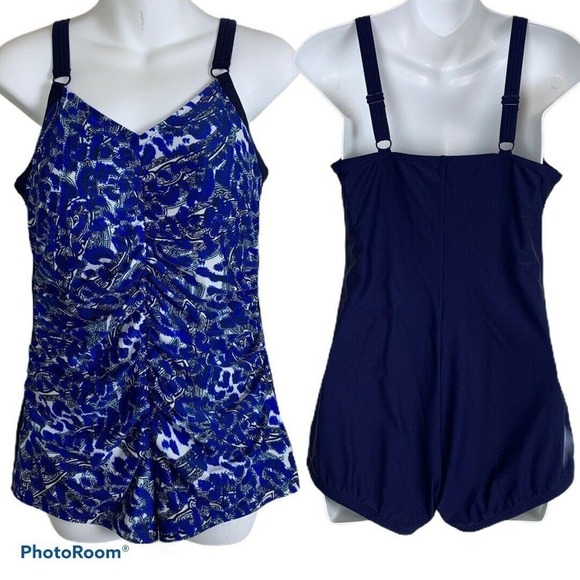 Amoena One Piece Blue White Ruched Swimsuit - Picture 1 of 7